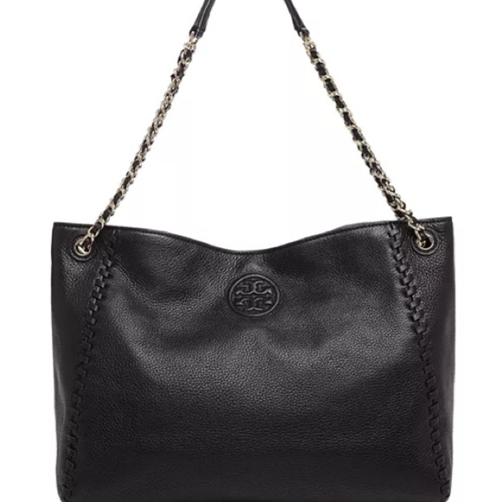 Tory Burch Leather Marion Slouchy Tote Bag Handbag Purse Black